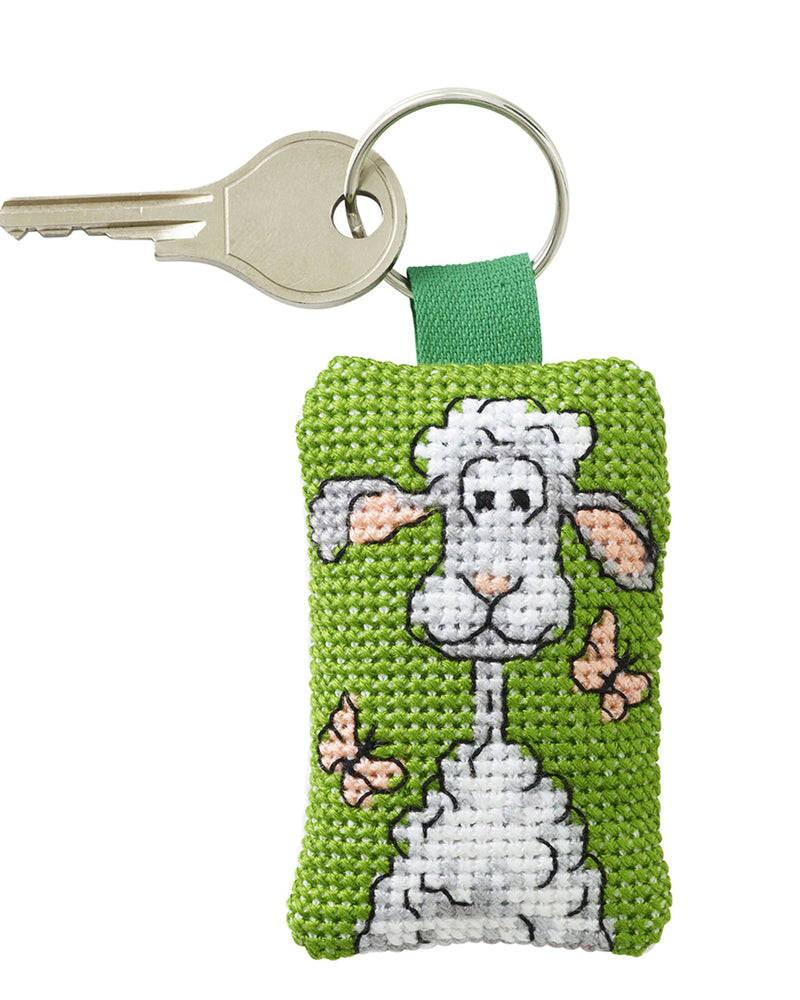 Cross Stitch Kit Permin - White sheep Key ring