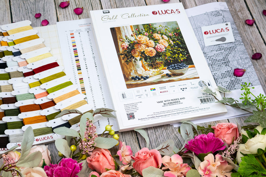 Cross Stitch Kit Luca-S GOLD - Vase with Roses and Blueberries, B719
