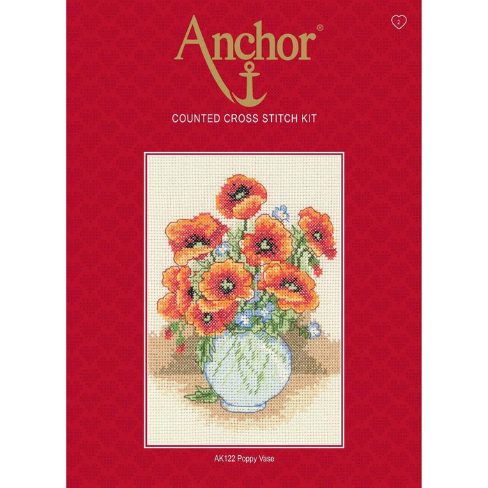 Anchor Starter Cross Stitch Kit - AK122, Poppy Vase Cross Stitch Kits - HobbyJobby