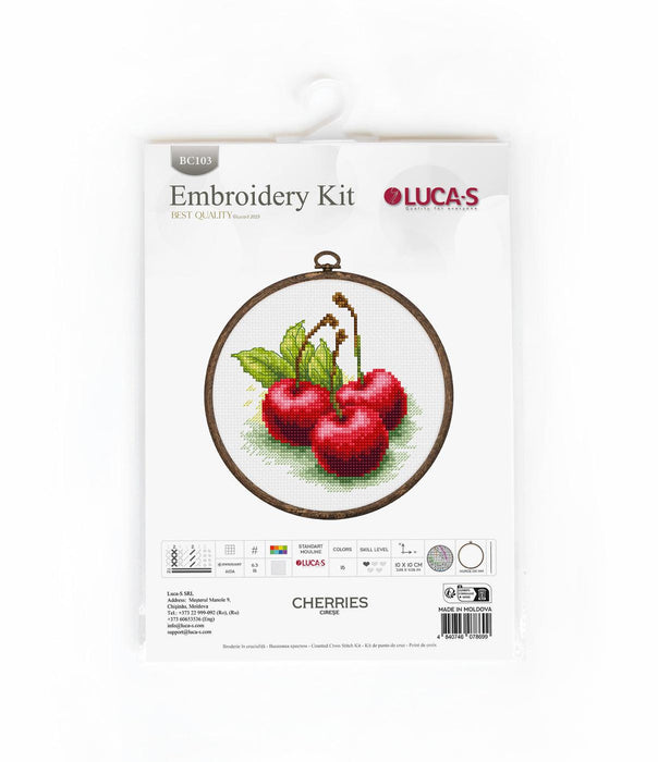 Cross Stitch Kit with Hoop Included Luca-S - Cherries, BC103 Luca-S Cross Stitch Kits - HobbyJobby