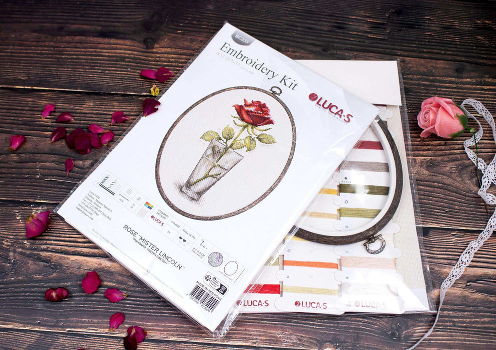 Cross Stitch Kit with Hoop Included Luca-S - Rose “Mister Lincoln”, BC235 Luca-S Cross Stitch Kits - HobbyJobby
