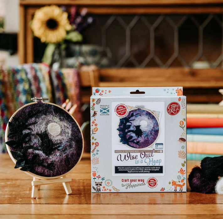 Malen mit Wolle: Weise alte Eule in einem Reifen, Nadelfilz-Bastelset