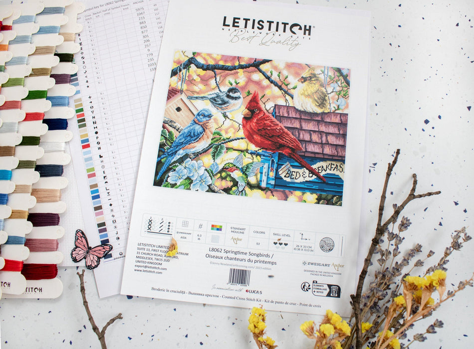 LetiStitch Cross Stitch Kit - Springtime Songbirds, L8062 Cross Stitch Kits - HobbyJobby