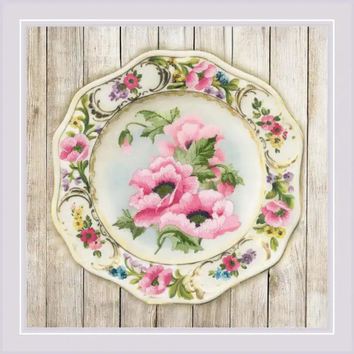 Cross Stitch Kit Riolis - PLATE WITH PINK POPPIES. SATIN STITCH SRPT-0075