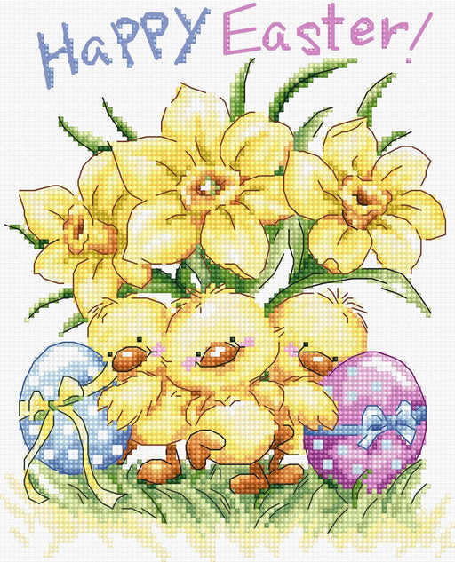 Cross Stitch Kit LetiStitch - Three Chicks with Daffodils and Egg Cross Stitch Kits - HobbyJobby