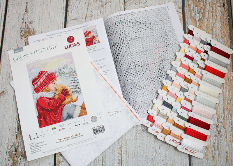 Cross Stitch Kit Luca-S - Girl Kissing Puppy, BU5027 Cross Stitch Kits - HobbyJobby