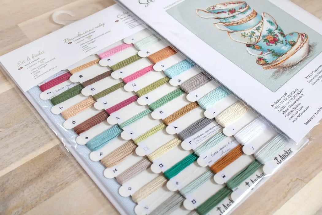 Cross Stitch Kit Luca-S - Turquoise Themed Tea Cups - HobbyJobby