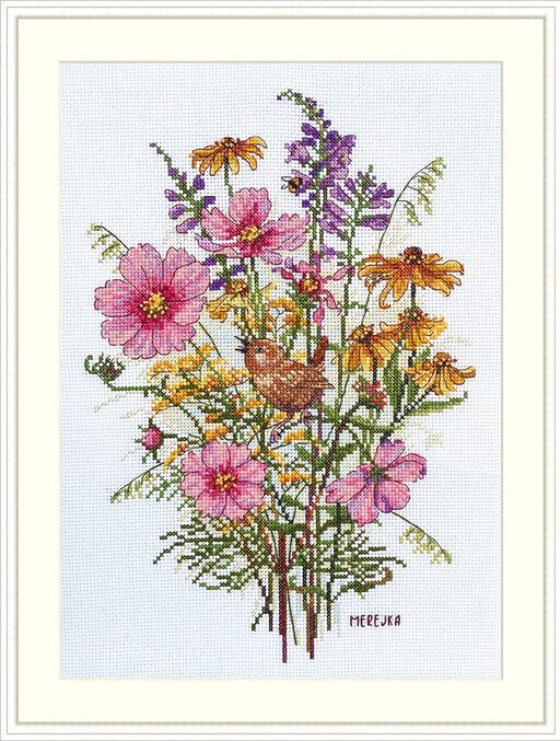 Cross Stitch Kit Merejka - September Flowers and Wren, K-197 Cross Stitch Kits - HobbyJobby