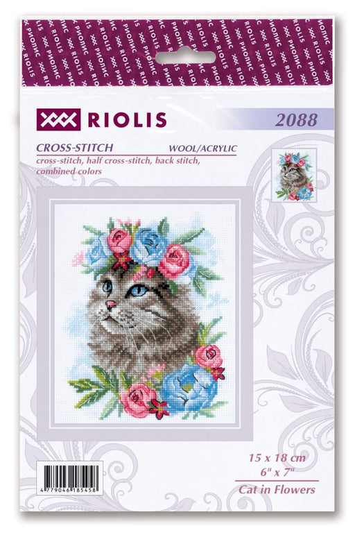Cross Stitch Kit Riolis - Cat in Flowers, R2088 Cross Stitch Kits - HobbyJobby