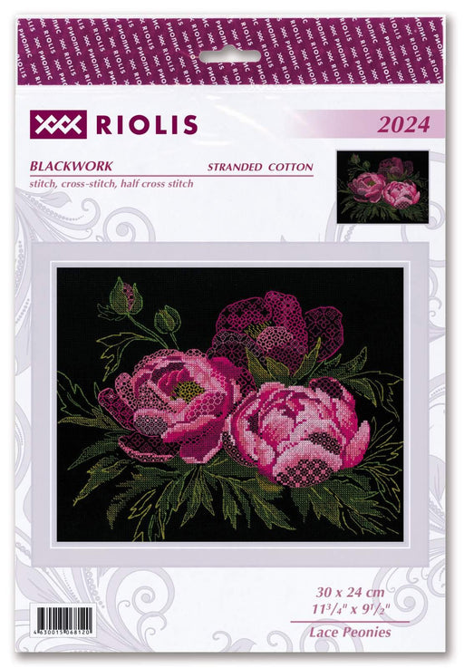 Cross Stitch Kit Riolis - Lace Peonies, R2024 Cross Stitch Kits - HobbyJobby