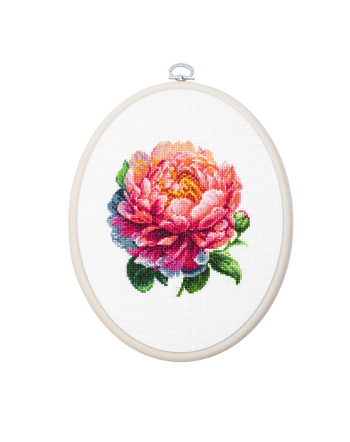 Cross Stitch Kit with Hoop Included Luca-S - BC205 ’’Coral Charm’’ Peony Cross Stitch Kits - HobbyJobby