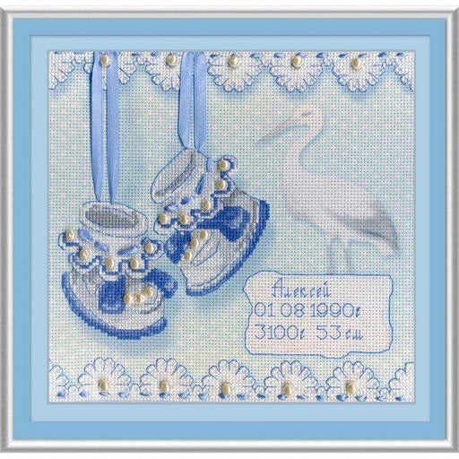 MP Studia Kits on Designer Canvas - Baby Shoes Birth Sampler (Boy) MP Studia Cross Stitch Kits - HobbyJobby
