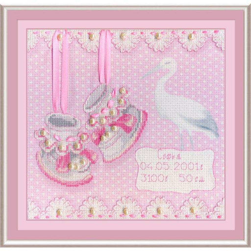 MP Studia Kits on Designer Canvas - Baby Shoes Birth Sampler (Girl) MP Studia Cross Stitch Kits - HobbyJobby