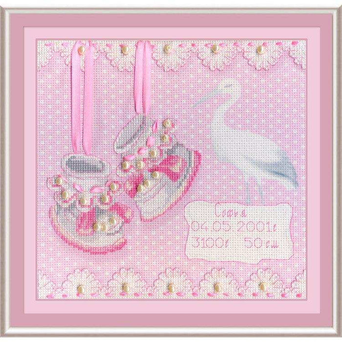 MP Studia Kits on Designer Canvas - Baby Shoes Birth Sampler (Girl) MP Studia Cross Stitch Kits - HobbyJobby