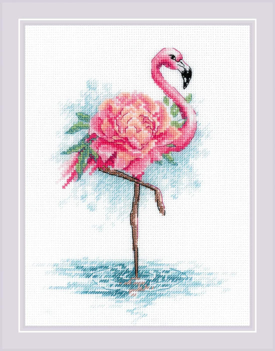 Riolis Cross Stitch Kit - Blooming Flamingo Cross Stitch Kits - HobbyJobby